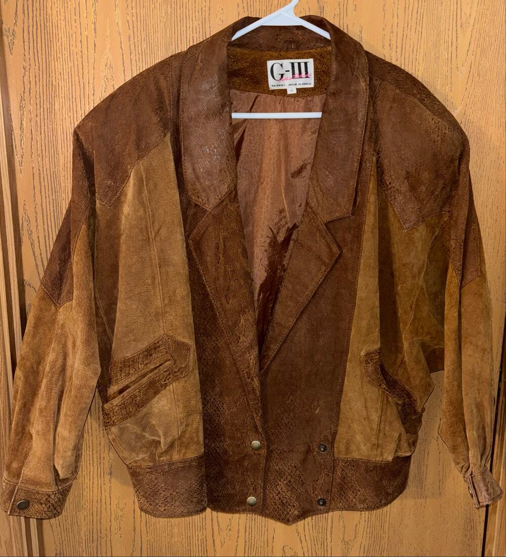 Vintage G-III women’s two-tone brown colorblock leather jacket (small)